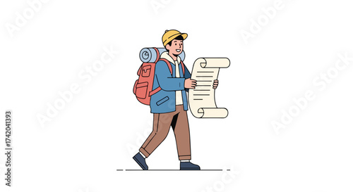Animated traveler consults a scroll map, embarking on an epic adventure illustration, minimal design, and clean lines for contemporary audience
