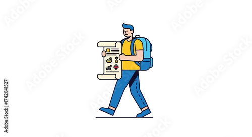 Whimsical delivery courier illustration with a scroll-like order form and a vibrant backpack ready for adventures in gastronomy