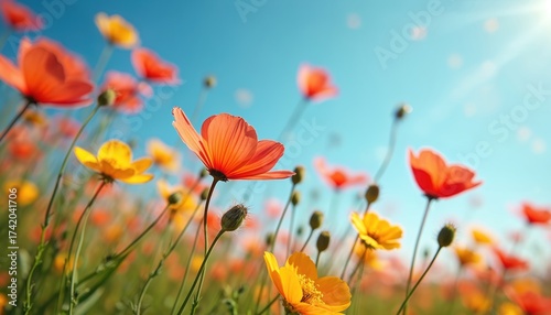 Vibrant orange, yellow flowers bloom in sunny field. Bright blue sky shines above colorful petals. Nature background shows fresh spring summer growth. Warm sunlight beams on beautiful outdoor flower