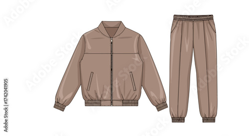 Technical fashion sketch showcasing a mocha bomber jacket and matching jogger pants isolated on a white background