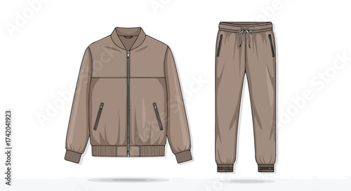 Modern athleisure apparel vector illustration showcasing a stylish bomber jacket and track pants ensemble in neutral earth tone color palette