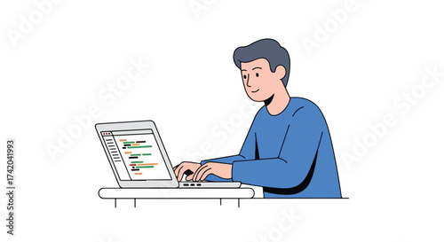Young man coding on a laptop, illustrating technology use and software development, showcasing modern digital activity in a bright and minimalistic