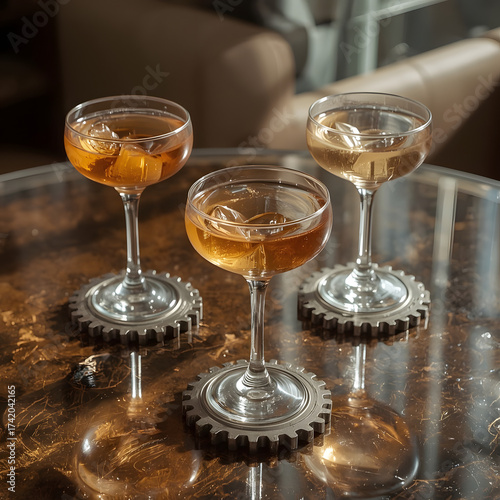 Sophisticated Spirits: Three elegant cocktail glasses, each containing a carefully crafted drink, sit gracefully on intricate gear-shaped coasters.