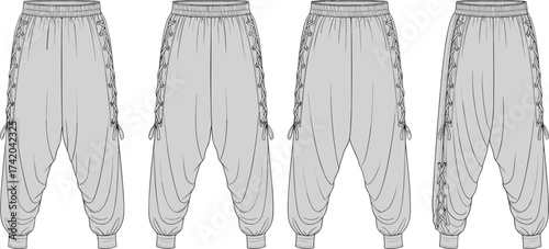 Baggy pants flat sketch, fashion CAD technical drawing, vector apparel template with lace‑up side detail, dropped crotch, gathered hem illustration