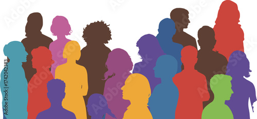 Diverse, colorful, silhouette, people, inclusion, abstract, unity, community, equality, vibrant, graphic, overlapping, hairstyle, posture, symbolic, 