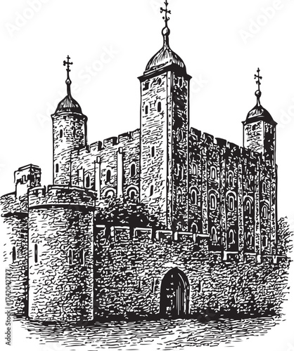 Wallpaper Mural Vintage Black and White Vector Illustration of the Tower of London with Battlements and Stone Walls in Engraved Line Art Style Torontodigital.ca