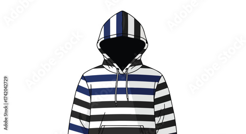 Stylized hooded sweatshirt design featuring bold navy, white, and black stripes, creating an enigmatic and modern apparel illustration