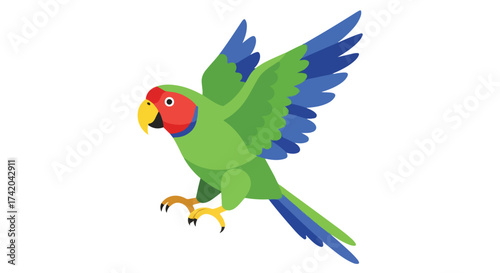 Vibrant parrot illustration with outstretched wings against a clean white backdrop showcasing simplified graphic design with bold color palette