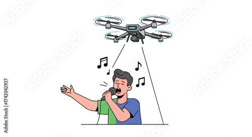 Drone operator films a singing artist with microphone, showcasing modern technology and recording equipment for capturing musical performance and