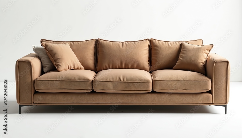 Fototapeta premium Modern three seat sofa with plush cushions in brown. Contemporary couch offers comfortable seating for stylish living room space. Clean lines, minimalist form, neutral tones, perfect for home decor