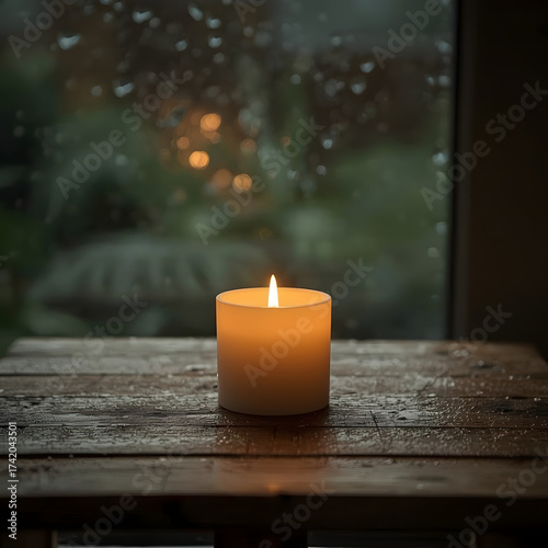 Candlelit Calm: A serene candle radiates a warm glow, casting soft light and creating a tranquil ambiance on a rustic wooden surface. Evoking peace and reflection. 