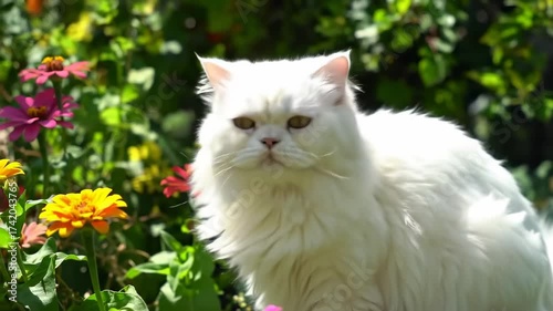 Fluffy White Cat Relaxing Amongst Colorful Flowers