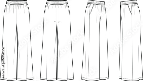 Wide leg pants flat sketch, fashion CAD technical drawing, vector apparel template with elastic waistband, side pockets, front pleat illustration
