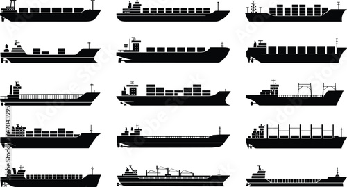 Cargo ship silhouette grid, maritime transport illustration, container vessel design, shipping industry graphic, black icon set, ocean freight, nautical fleet, logistics artwork, vessel