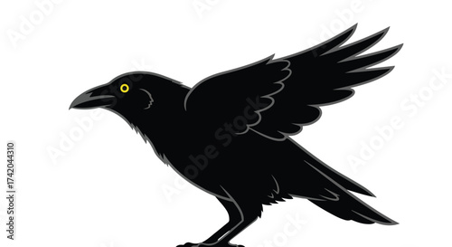 Stylized depiction of a crow preparing for flight against a minimalist background design style with striking features