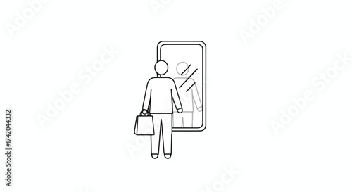 Minimalist line drawing illustrating a person with shopping bag looking in the mirror with reflection showing the same person