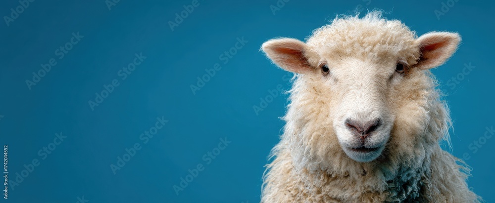 Fototapeta premium The Charming Sheep Posing Against a Vibrant Blue Background