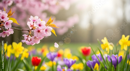 Cherry blossoms and tulips in a spring garden scene