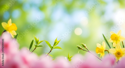 Yellow daffodils and pink flowers in a blurred garden