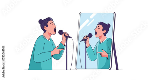 Person practicing singing with microphone in front of mirror, reflection and determination for artist practice and perfecting performance skill