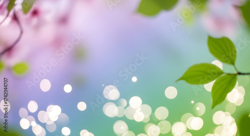 Soft focus leaves and bokeh lights on pastel background