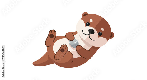 Delightful cartoon otter illustration joyfully clutching a small rock and lazily floating on its back amidst a simple white backdrop