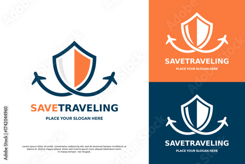 Save Traveling logo. This design features a shield and an anchor, symbolizing security, protection, and safety for travel and marine insurance companies or tour agencies.