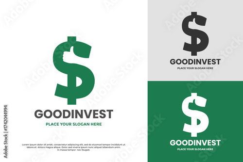 Good Invest logo. A creative combination of a dollar symbol and a thumbs-up gesture. It represents positive returns, best choices, and successful investments. Ideal for finance advisors.