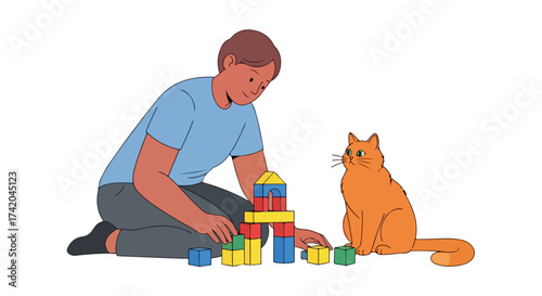 Animated man and orange cat enjoying quality time building tower of colorful blocks together on pristine white backdrop portraying domestic bliss