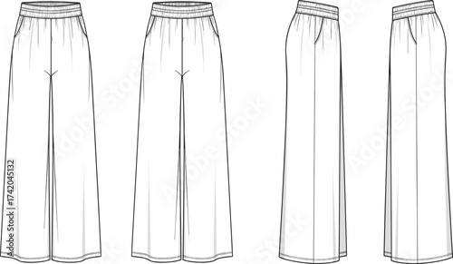 Wide leg pants flat sketch, fashion CAD technical drawing, vector apparel template with elastic waistband, drawstring, side pockets, relaxed fit illustration