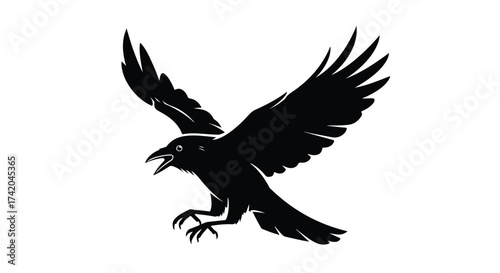 Black silhouette of a raven mid-flight with wings spread against a stark white backdrop. A bold and striking illustration showcasing the bird's