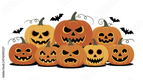 Spooky Halloween Fun Awaits with these Cheerful Jack-o'-Lanterns and Bats Perfect for Invitations and Festive Designs, Originally a Scalable Vector Graphic