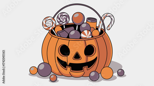 Delightful Halloween Pumpkin Basket Overflowing with Colorful Candy and Lollipops, Perfect for Festive Treats and Spooky Celebrations, originally a vector