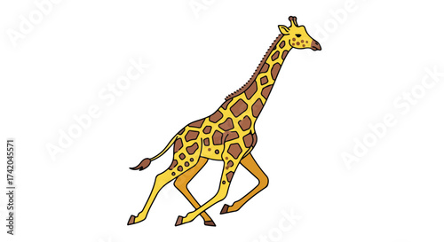 Cartoon Giraffe in Motion: A vibrant and playful depiction of a giraffe running with energy and charm on a clean white background
