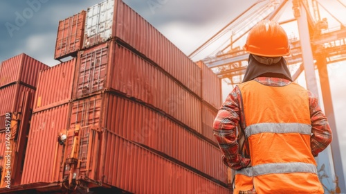 Shipping operations cargo handling port facility industrial scene dramatic sky worker perspective logistics management