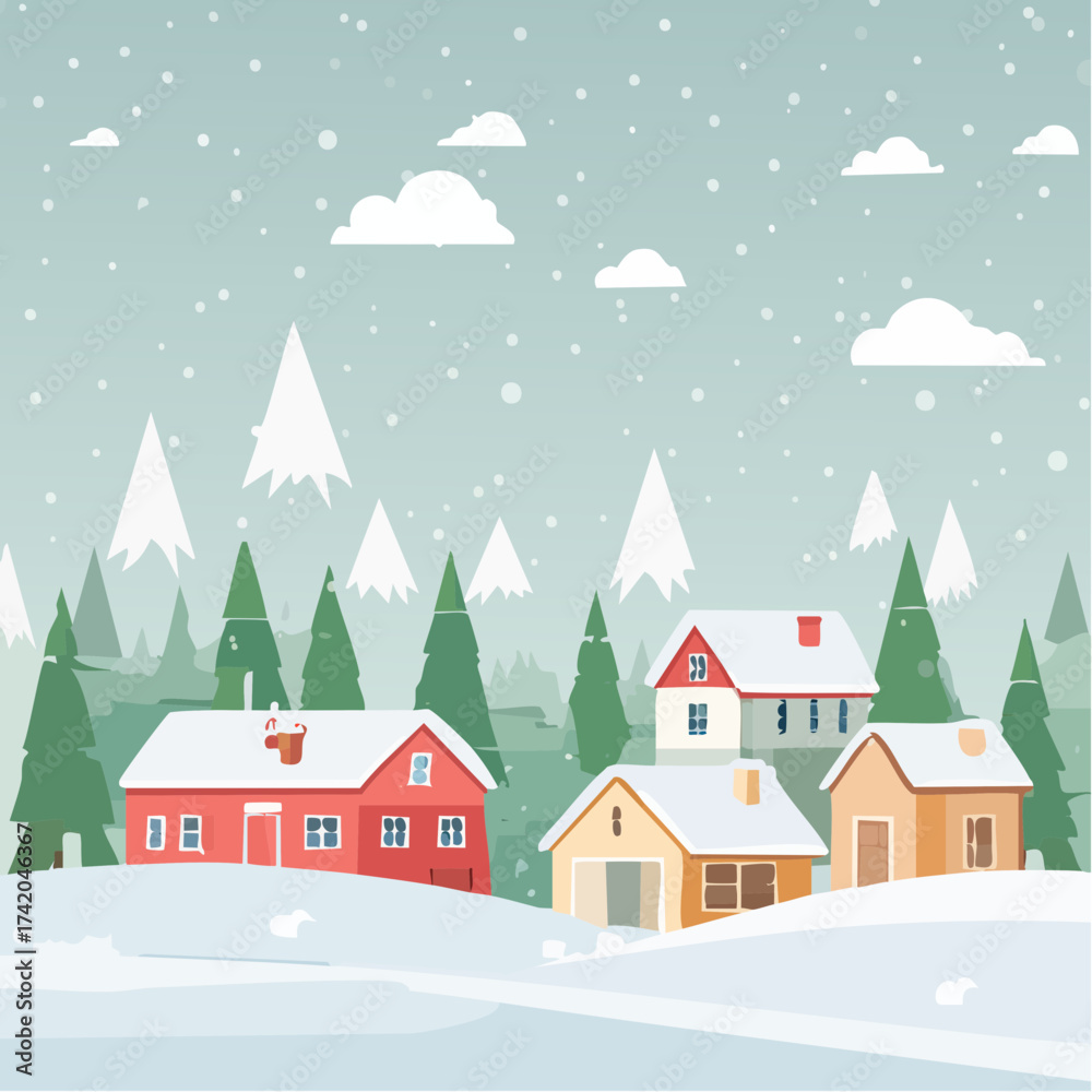 Obraz premium Snow falling over small winter village