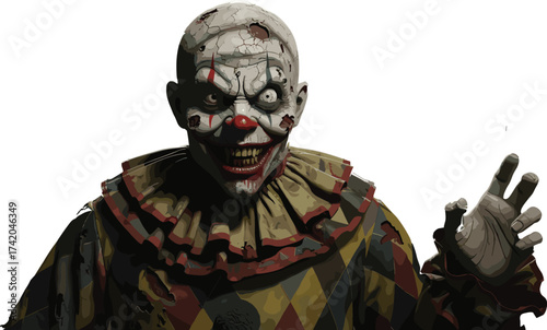 Cracked clown illustration, horror character design, glowing red eyes, red balloon, creepy costume, yellow teeth, Halloween monster, fear, menace, nightmare