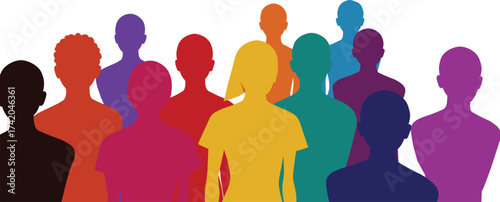 Diverse human silhouettes in colorful unity, inclusive community teamwork concept, abstract people figures symbolizing equality, diversity, collaboration, multicultural representation, solidarity