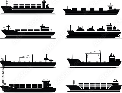 Cargo ship silhouette set, maritime transport illustration, container vessel design, shipping industry graphic, black icon collection, ocean freight, logistics fleet, nautical artwork, vessel