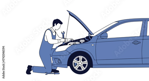 Dedicated mechanic repairing a car engine with meticulous attention to detail, symbolizing expertise and automotive care performing repair work