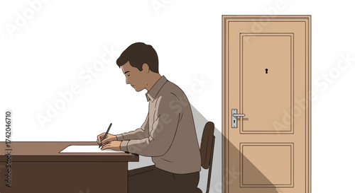 Concentrated study: Illustration of a young man writing at his desk with a closed door nearby suggesting privacy and focus for academic work
