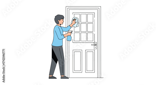 Focused individual meticulously cleaning a paneled door with spray and cloth for a pristine home or office environment