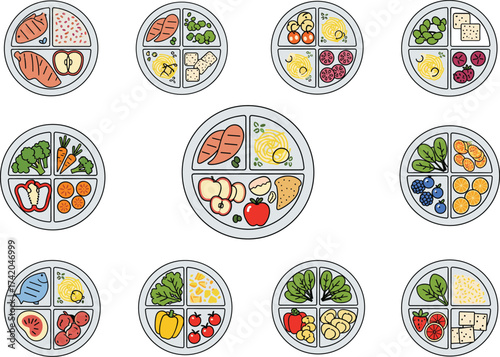 Balanced Meal Plates Vector Icons Set – Protein, Carbohydrates, and Vegetables for Healthy Eating and Nutrition Illustration