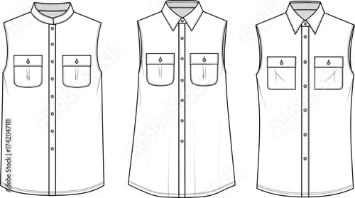 Sleeveless shirt flat sketch, fashion CAD technical drawing, vector apparel template with mandarin collar, pointed collar, chest pockets, flap detail illustration