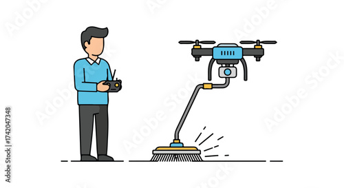 Humorous depiction of a man operating a drone modified with a sweeping attachment, showcasing automated cleaning and technology integration