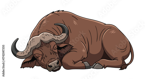 A cartoon illustration of a tranquil brown african buffalo lying down and resting peacefully, portraying the animal's relaxed and serene demeanor in