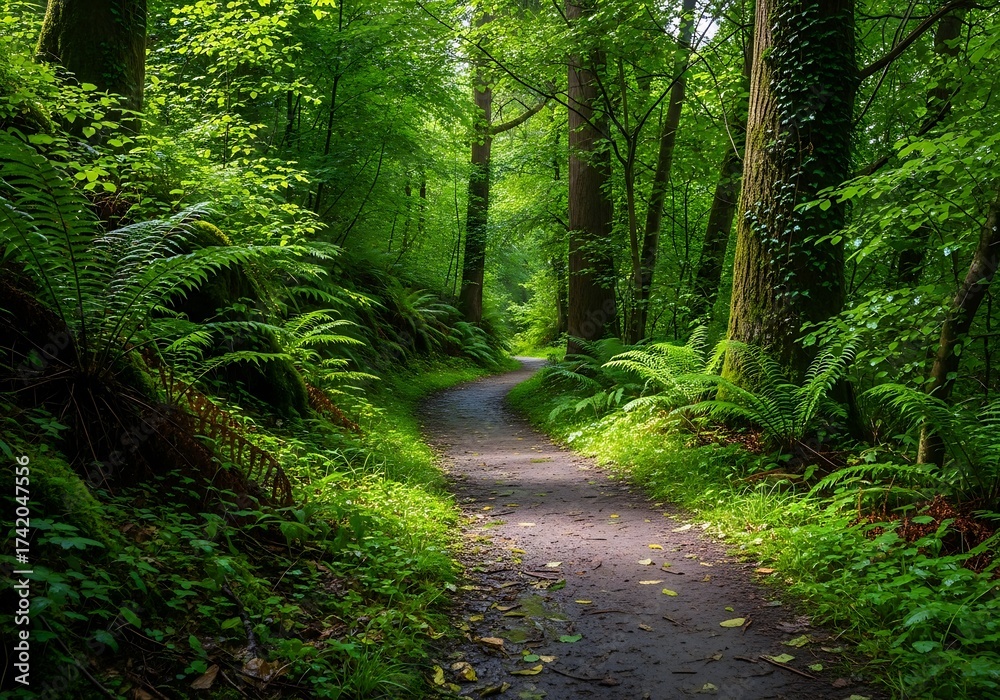 Fototapeta premium A serene pathway meandering through an emerald forest with dense ferns