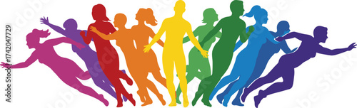 Rainbow spectrum human silhouettes in motion, diverse people dancing walking running, abstract colorful community unity concept symbolizing inclusion, equality, celebration, energy