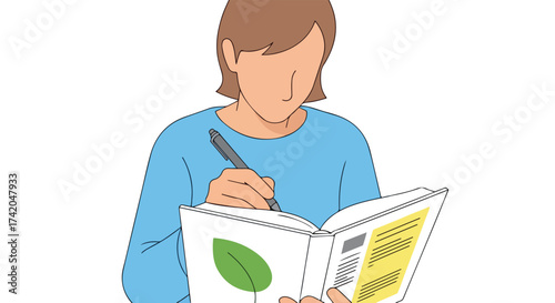 Faceless person studying a book with a leaf illustration, taking notes for an environmental project concept illustration of educational materials