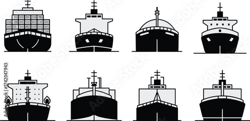 Front view ship silhouettes, cargo vessel, cruise liner, military ship, maritime transport icons, black graphic, ocean fleet, nautical design, boat illustration, marine